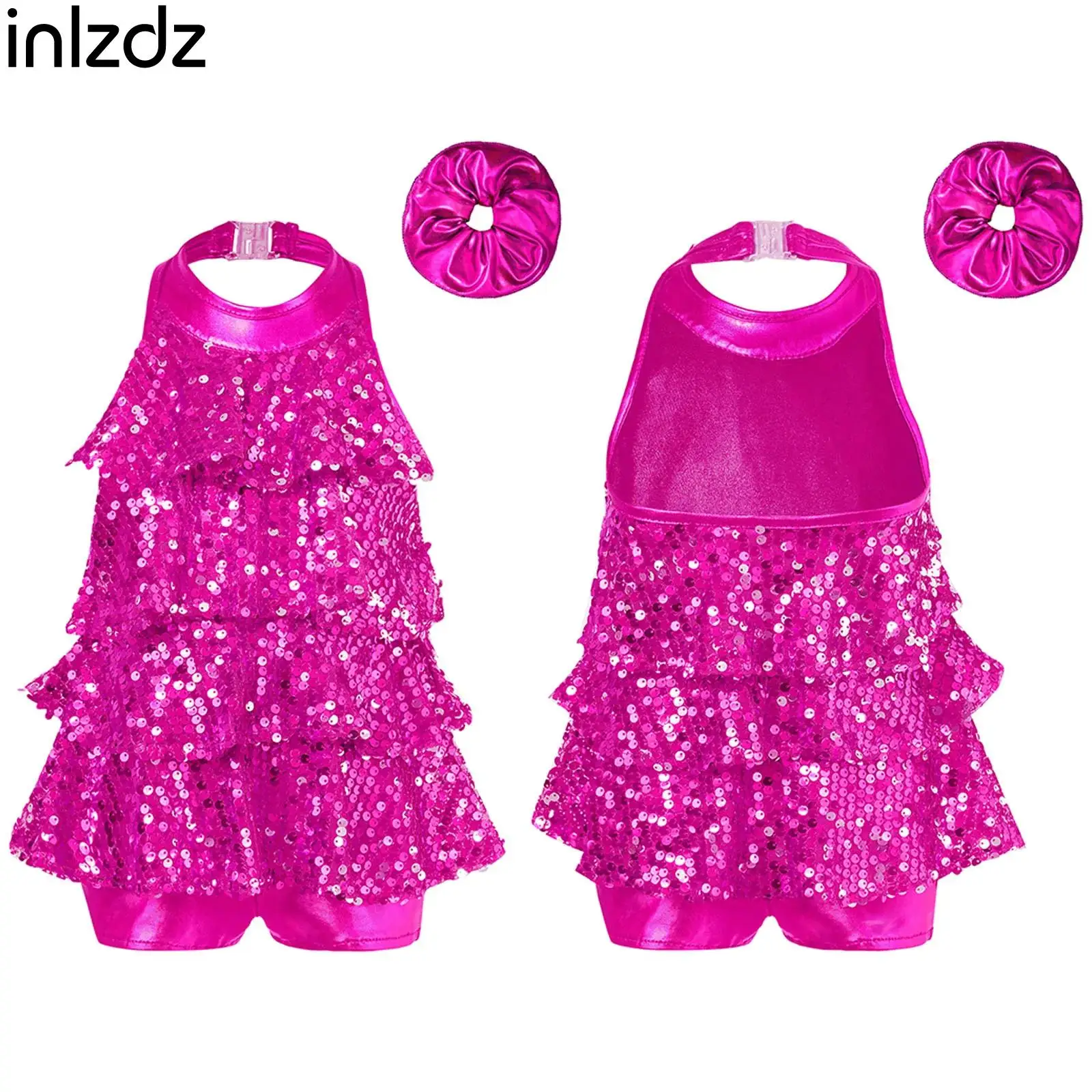 Enfants licou paillettes brillantes Ballet danse Shorty Unitard robe + bandeau ensemble adolescente moderne Jazz Latin Jazz Salsa danse tenues