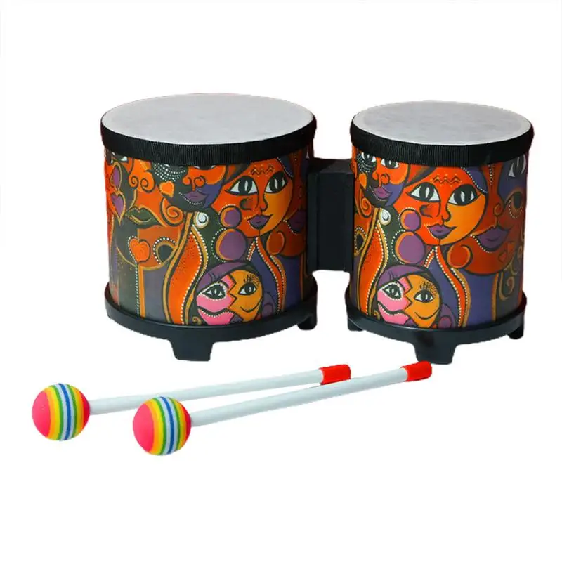 Bongo Drums pour enfants, tambour à main mignon, jouet musical, instruments de musique en bois mignons avec 2 baguettes colorées, cadeau de Noël et d'anniversaire