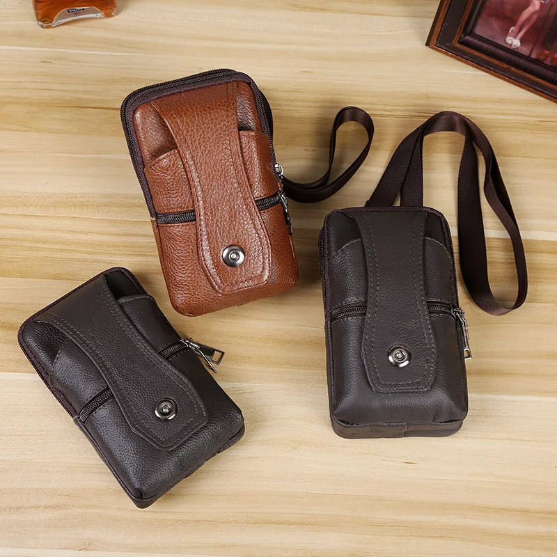 

Men's leather waist bag strap strap vertical three layer magnetic buckle inclined across one shoulder mobile phone storage