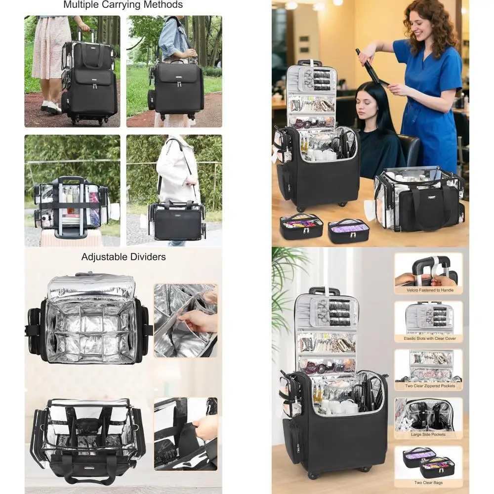 

Большой 4-колесный чемодан для макияжа на колесиках с прозрачной косметичкой, регулируемая дорожная сумка для парикмахера с плечевым ремнем