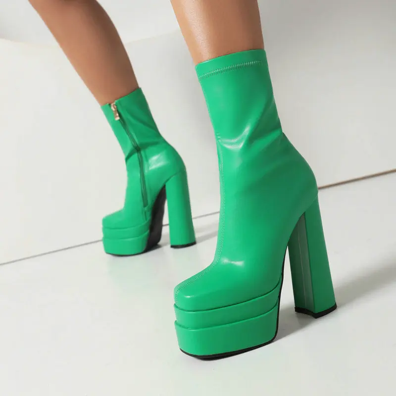 2022 Winter New Trendy Sexy Ladies Pumps Double Platform Pink Green Matte Flock Black Nude Block High Heels Ankle Stretch Boots