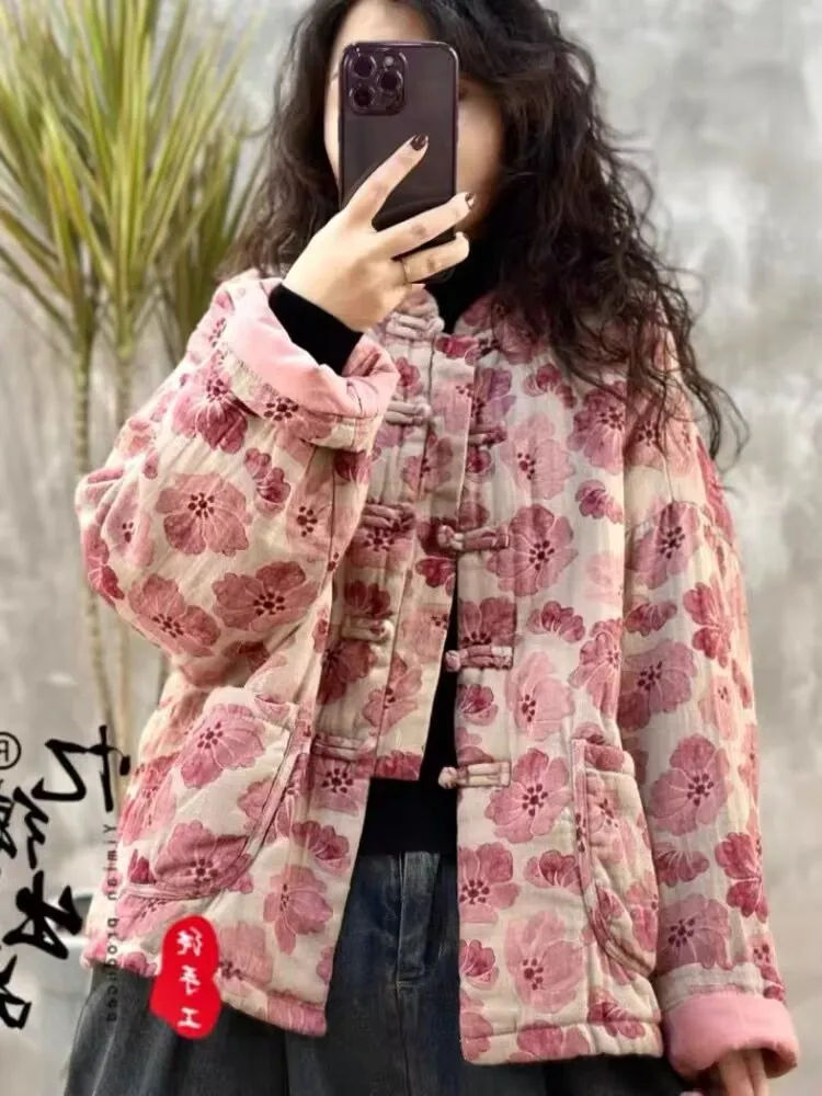 

Slimming Printed Cotton Jaet with kets Autumn Winter New Sle Chinese Sle Loose Fit Faionable Women's ort Coat