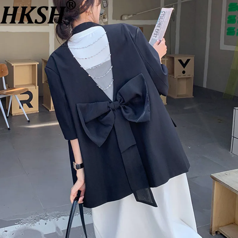 

HKSH Summer New Women's Blazer Short Sleeves Back Bowknot Chain Niche Design Elegant High-end Sweet Ins Chic Tide Jacket HK14700