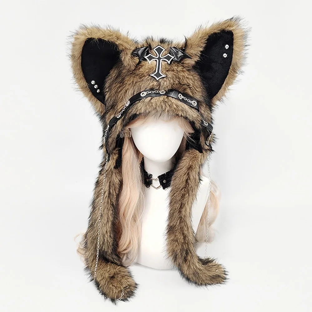 Gothic Plush Wolf Ear Hat Punk Faux Fur Ushanka Metal Chains Cross Detail Beanie Rock Style Warm Hat Girls Dark Aesthetic Y2K