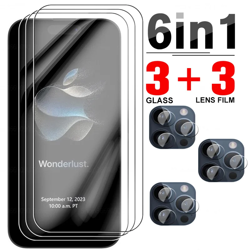 6in1 Protective Glass Case For For Apple Iphone 15 Pro Max Tempered Film Iphone15 Plus Ifone 15Pro Screen Camera Protector Film