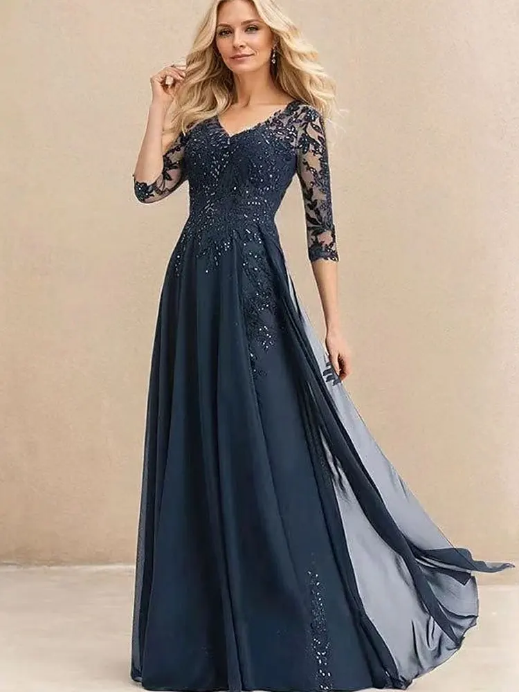 

Mother of The Bride Dress Navy Glitter Sequin Lace Party Gowns A Line 3/4 Sleeves V Neck Chiffon Wedding Guest Dress Customized