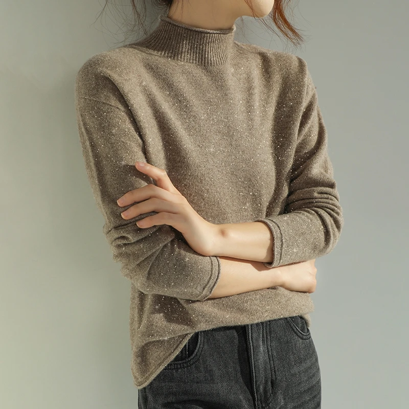 Women 100% Merino Wool Sweater Pullover Knitwear New Collection Clothes Autumn Winter Gold Silver Thread Mock Neck Curl Edge Top
