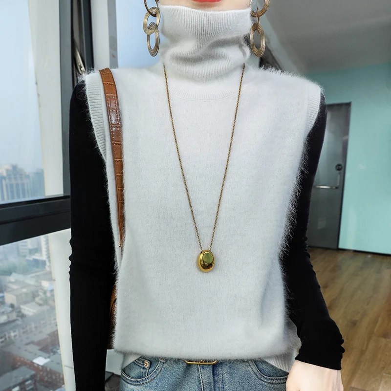 2024 Autumn and Winter New High neck 100% Mink Cashmere Sweater Sleeveless Vest Women's Knitted Pullover Loose Layered Camisole