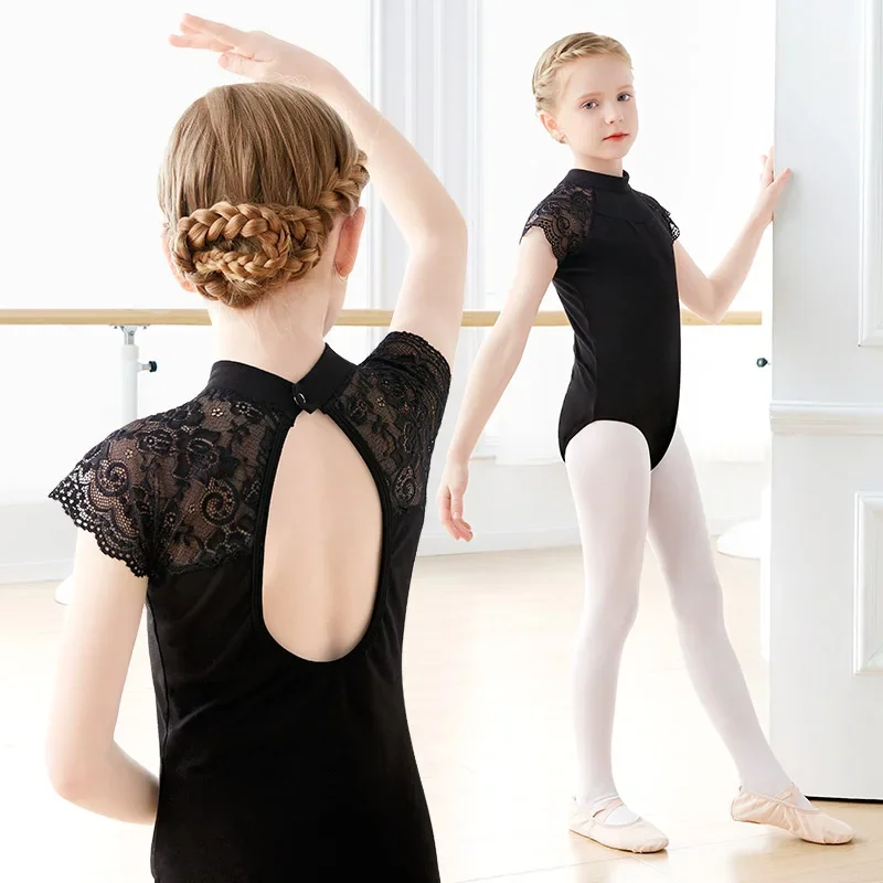 Girls Ballet Leotards Stand Collar Hollow Back Gymnastics Leotard Cotton Lace Ballet Bodysuit Kids Dance Leotards for Girls