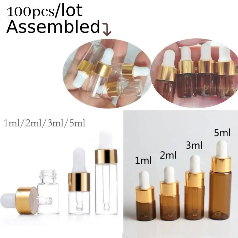 

100pcs 1/2/3/5ml Mini sample Glass Bottle Sample Vial Small test Essential Oil Bottle with Glass Eye Dropper Amber bottles