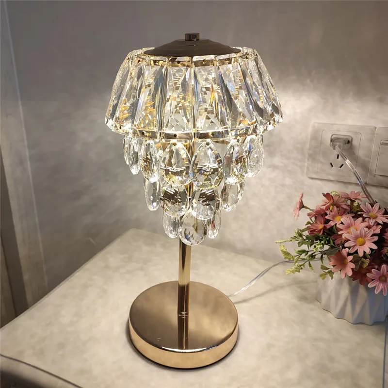 Crystal Light Luxury North American Nordic Gold Bedroom K9 Girl Romantic Bedside Crystal Led Table Lamp