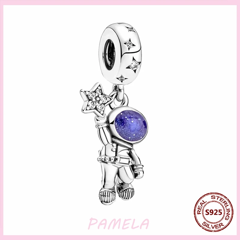 PAMELA 925 Sterling Silver Astronaut Moon Galaxy Charms Beads DIY For Original Pendant Bracelet Jewelry Fashion For Women Gift