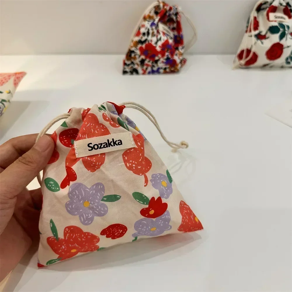 SE24-bolsa pequeña con cordón Floral de tela de algodón, organizador de maquillaje, lápiz labial, bolsillo para monedas, monedero, llaves