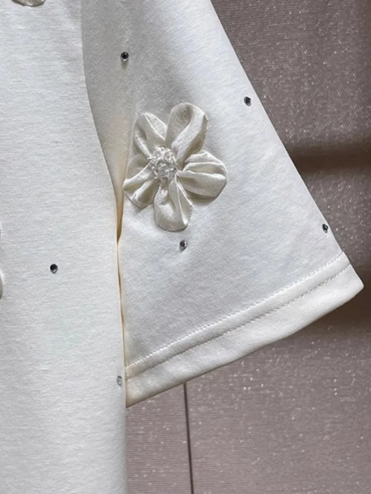 Vestido informal de verano para mujer, vestidos de camiseta de manga corta con flores de Color sólido y diamantes, jersey con cuello redondo, vestidos cortos de línea A