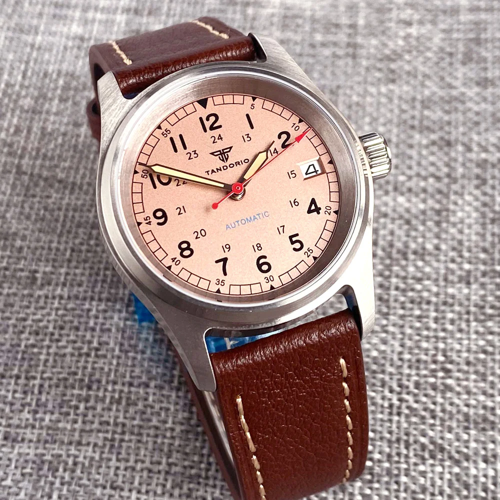 Tandorio 36mm Vintage Business Field Diver Watch Mechanical Men Wristwatch NH35 Movt Pilot Style Clock Red Arrow Seconds Hand