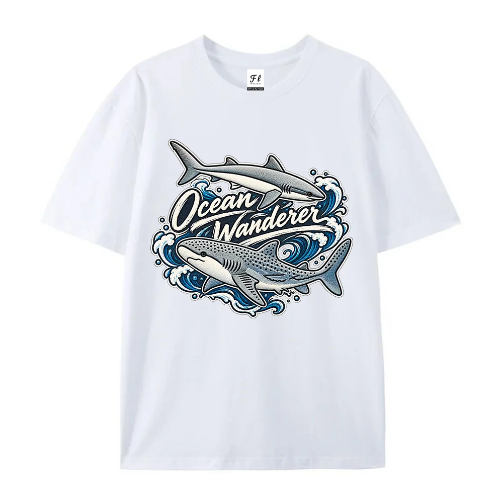 Retro Ocean Wanderer Shark Graphic Tee Men Women Vintage Sea Animal Print Short Sleeve Loose Streetwear Casual Daily Summer Top