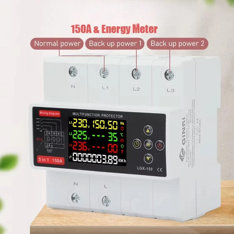 New 3P + N 125A 150A 5-in-1 Function ATS Automatic Transfer Switch Digital Adjustable 220V Phase Selector Instrument Protector