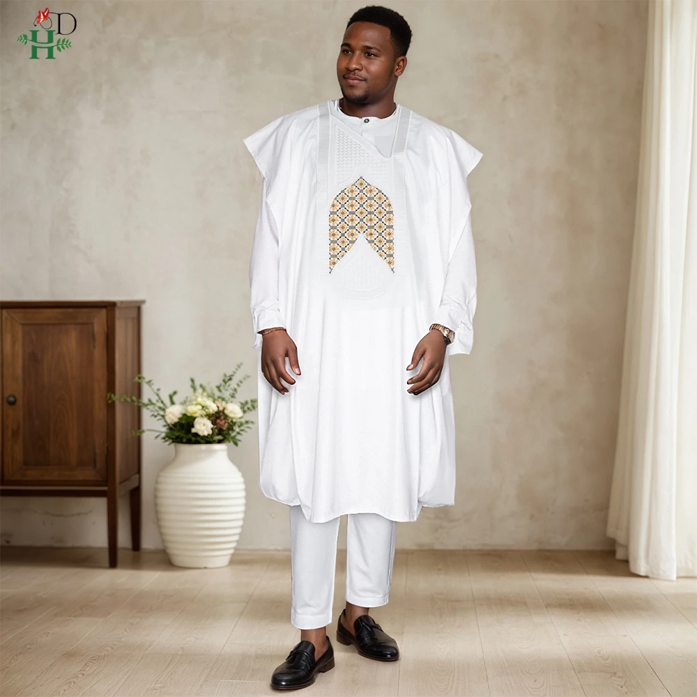 

African Clothes Plus Size Men's Elegant Church White Dress Africa Party Wedding 3PC Top and Pant Suit Daily Wear Embroidery Gown