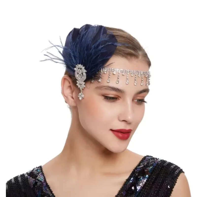 

1920's Flapper Feather Headband Rhiestones Headpiece Tassel Headdress Bride Wedding Hair Accessories Head Chain for Women