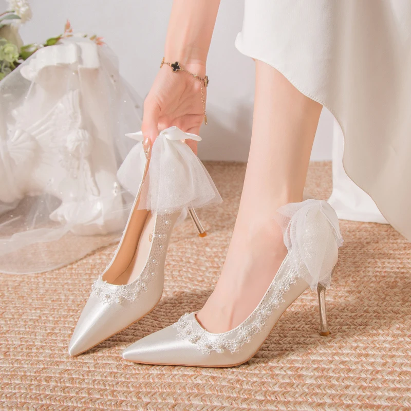 Wedding Shoes Bride White Wedding Shoes Female Satin High Heels Bow Pumps Women Shoes Rhinestone Lace High Heels Party Shoe