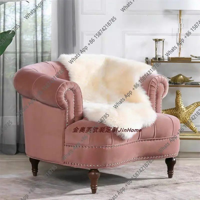 American retro curved velvet single chair Nordic Italian pull buckle rivet solid wood foot size apartment living room sofa