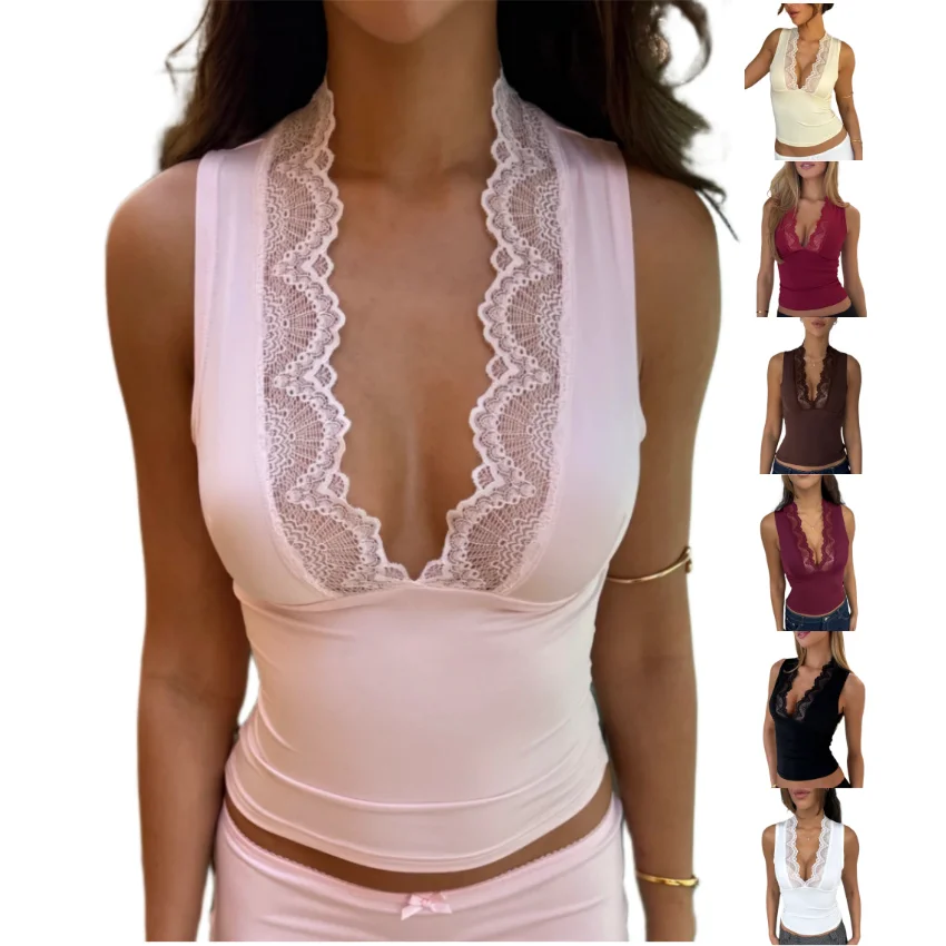 

Phantasy Elegant Lace Women's Tank Top Sexy Sleeveless Crop Top Fashion Party Top Lady 2026 New Summer Dress up Y2k Streetwear