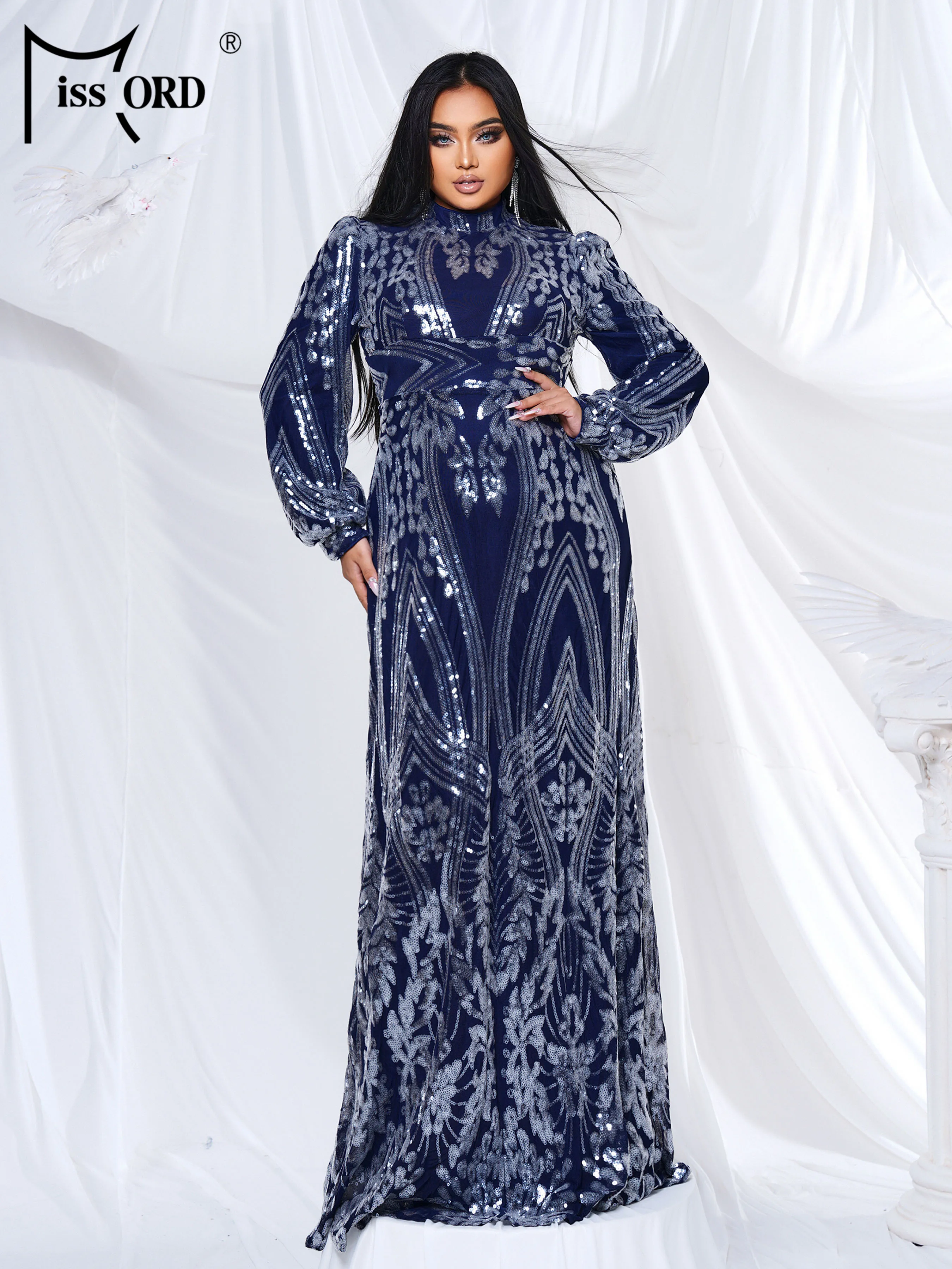 Missord Plus Size Church Dress  High Neck Long Sleeved Sequin Mermaid Evening Large Evening Wedding Birthday Party Dress