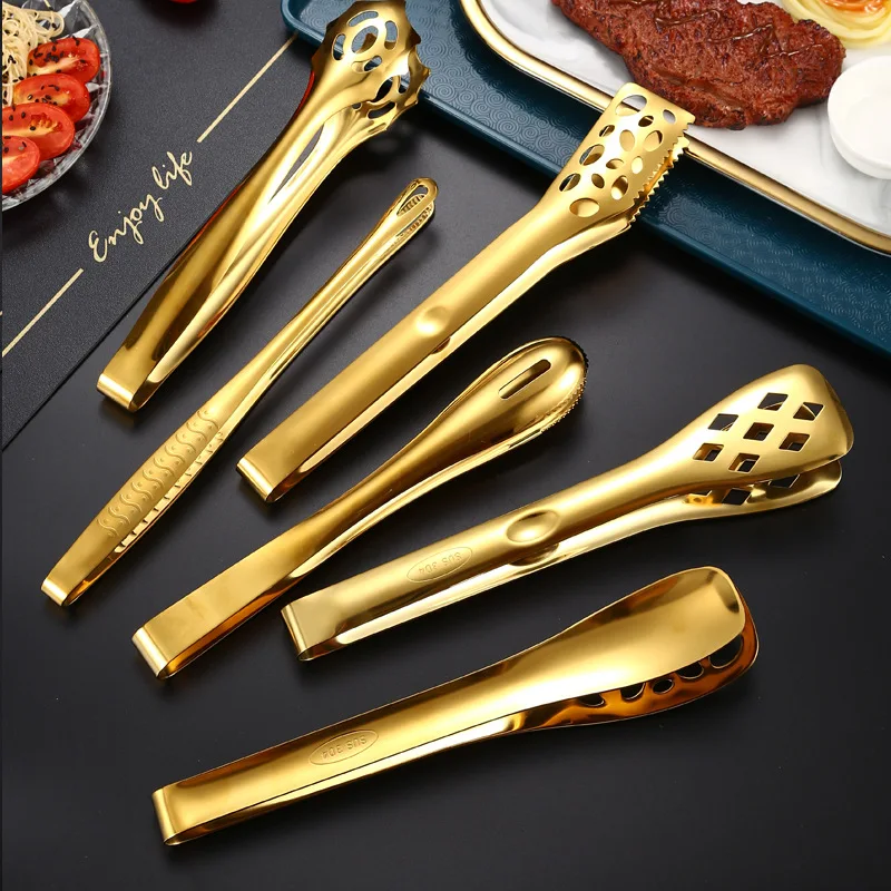 

Gold Stainless Steel Kitchen BBQ Tongs Multi Styles Bread Salad Clip Steak Cooking Frying Spatula Serving Clamp Cooking Utensils