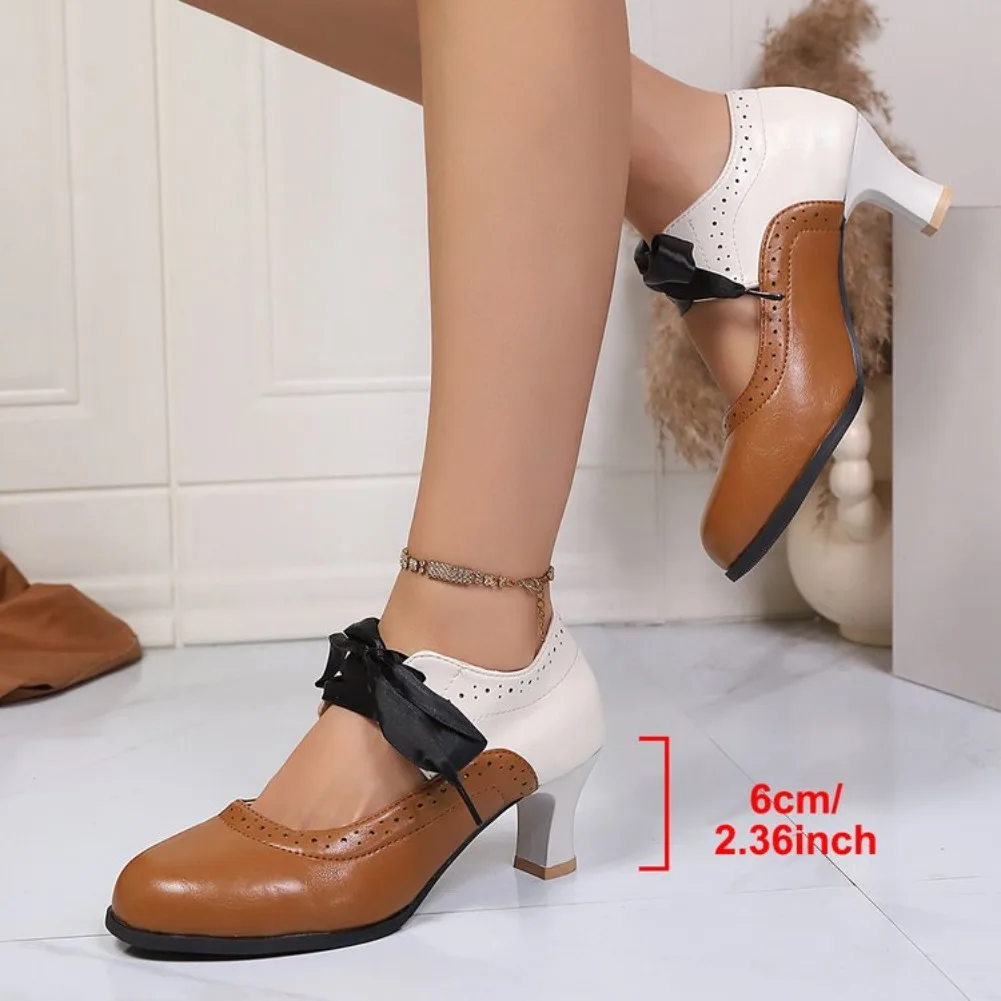Modische Farbblock-Schnürschuhe für Damen mit hohem Absatz, Lolita-Stil, 2026 Neu, runde Zehenpartie, quadratischer Absatz, lässige Damen-Halbschuhe – Detail 7