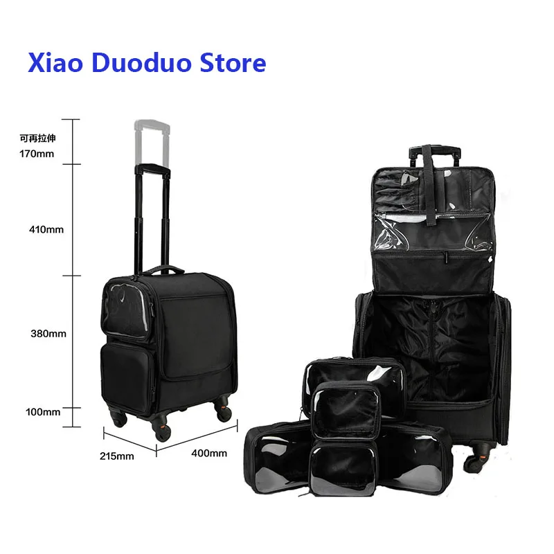 Maquiagem Trolley Case, Maquiagem Bag, Cosmetic Storage, Organizador, Tool Box, Personalizado, Viagem, Grande Capacidade, Oxford, Preto, Beauty