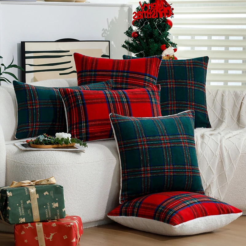 

Christmas Home Decoration 30x50cm Cushion Cover Red/Green Retro Plaid-Single Plush Pillow Cover for Bedroom Sofa Pillowcase