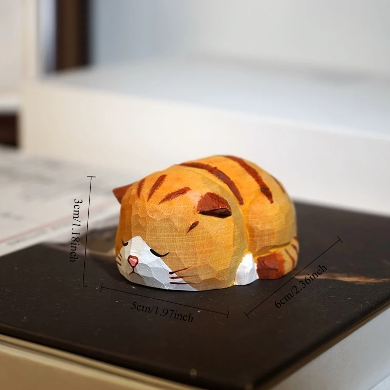 1PC Slumbering Cat Hand Carved Wood Sculpture Dozing Cat Figurines Serene Table Accent Lovely Animal Decor Wooden Home Ornament