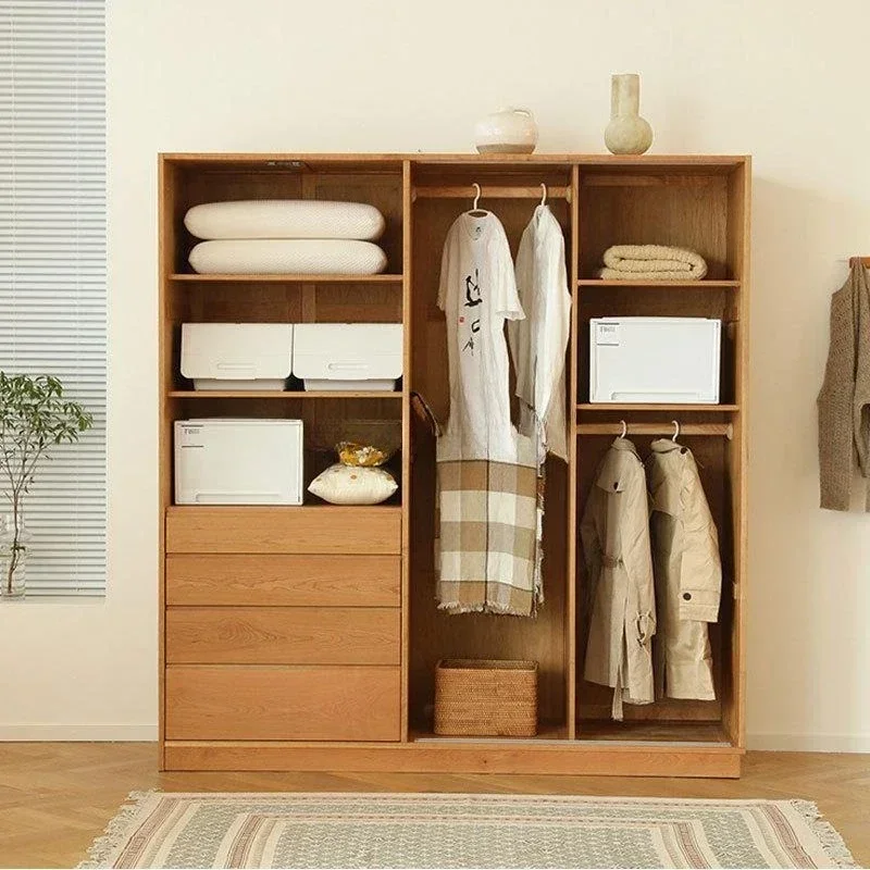 Japanese solid wood wardrobe cherry wood Nordic log sliding shutter door sliding door locker bedroom large wardrobe simple