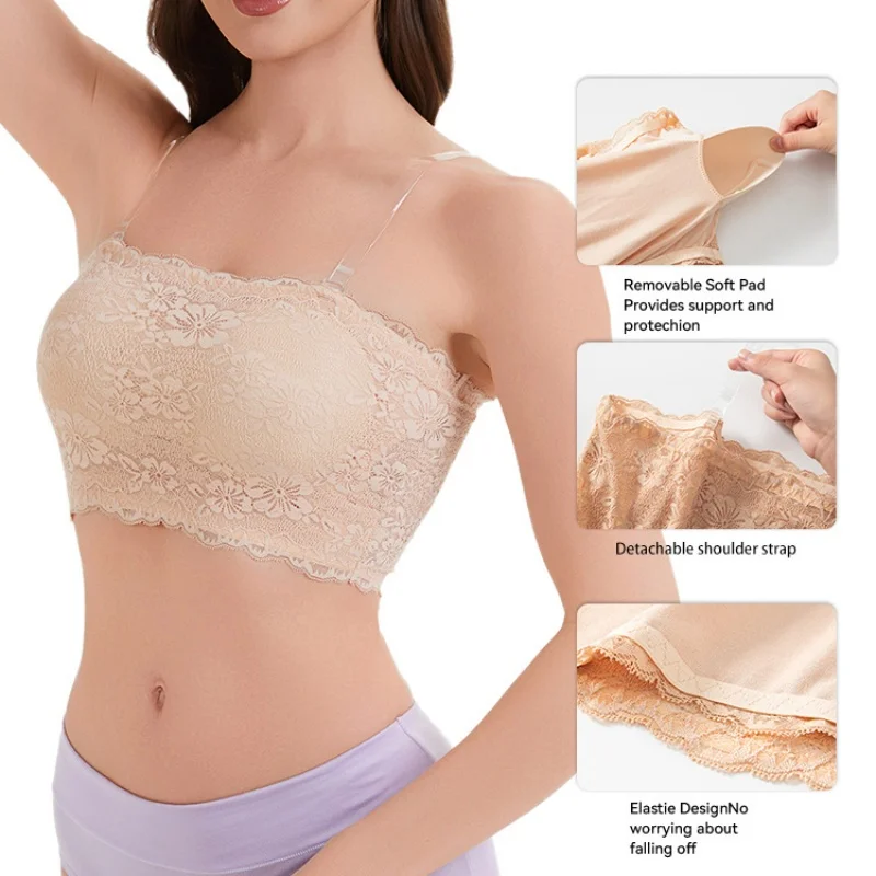 Sujetador de talla grande para mujer, sujetador sin tirantes, correas extraíbles, encaje, cómodo, transpirable, suave, ropa interior sin aros