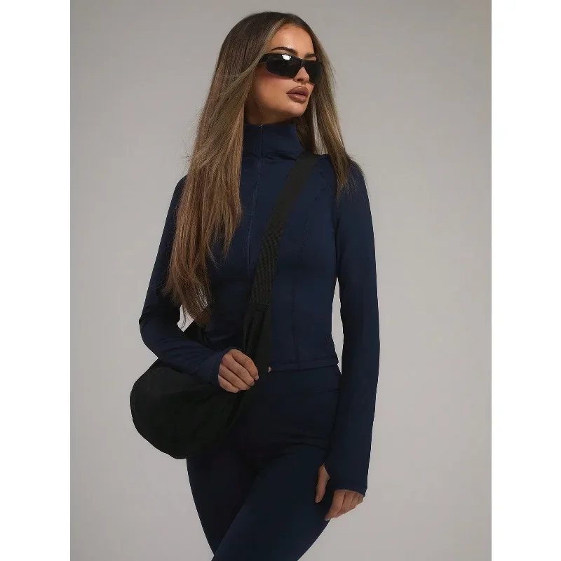 Chaqueta Deportiva Ajustada de Manga Larga con Cuello Alto para Mujer, Ropa Deportiva para Yoga, Pádel, Tenis, Pickleball, Gimnasio, Fitness, Pilates, Uso Diario Informal
