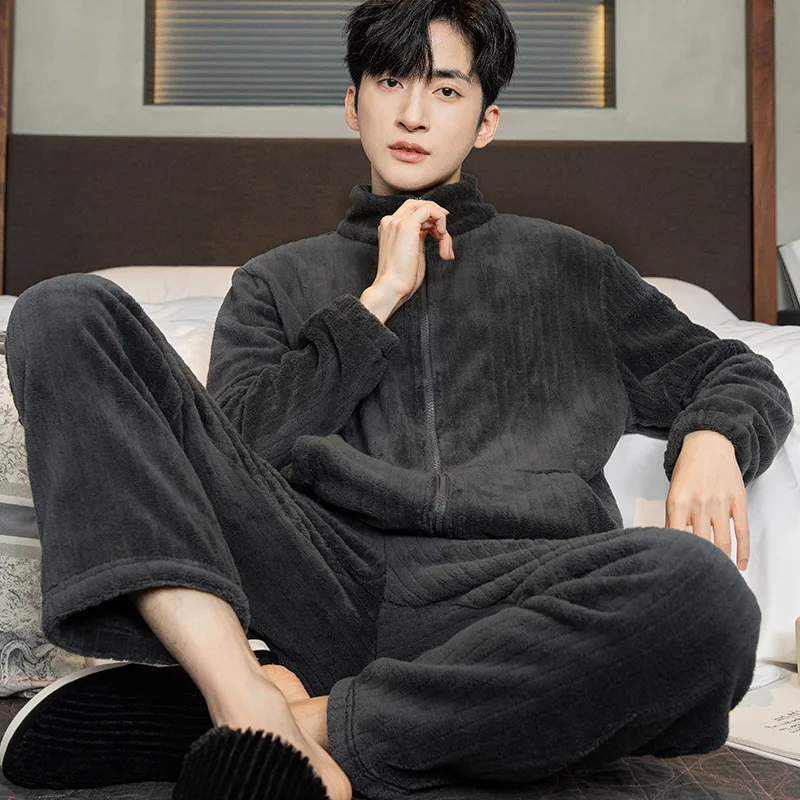 Men Warm Flannel Autumn Winter Pajamas Turn-down Collar Long-sleeved Trousers Two-piece Set Loose Comfortable Sleepwear Suit