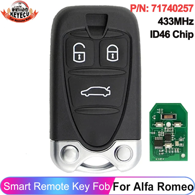 KEYECU 3 przyciski 433 MHz ID46 Chip do Alfa Romeo 159 Brera Spider 2005 2006 2007 2008 2009 - 2011 Key Fob Smart Remote71740257