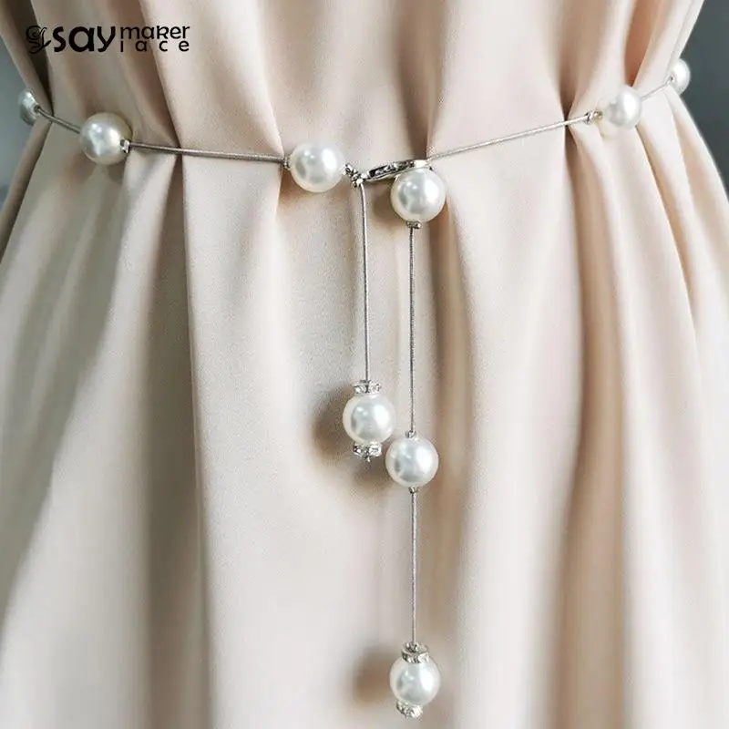 Elegant Pearl Women's Belt Simple Adjustable Metal Thin Chain Belt For Ladies Dress Skinny Waistband Decorative Jewelry