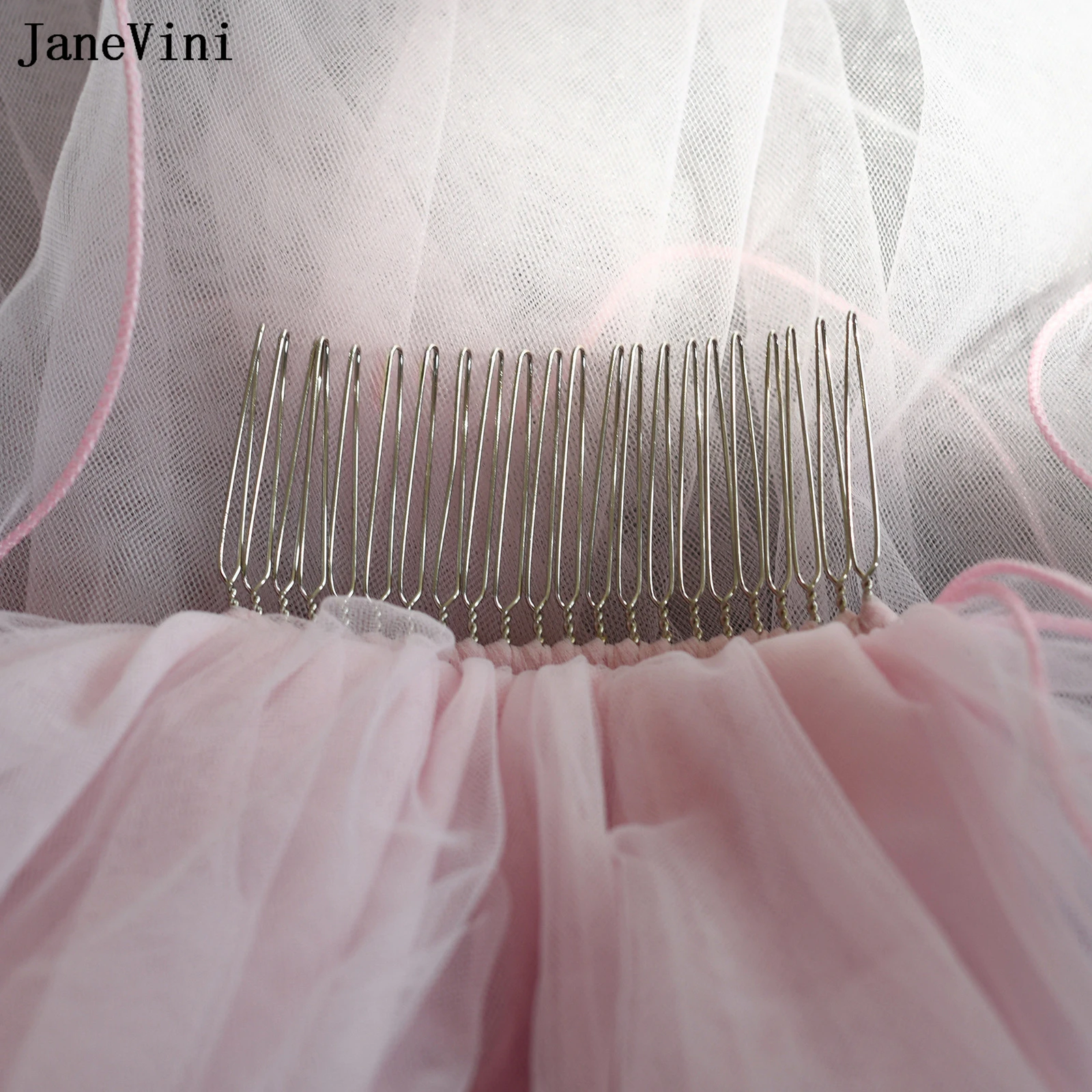 JaneVini New Romantic Pink Short Bridal Veils with Comb Multilayer Tulle Elbow Length Veil Korean Bride Wedding Hair Accessories