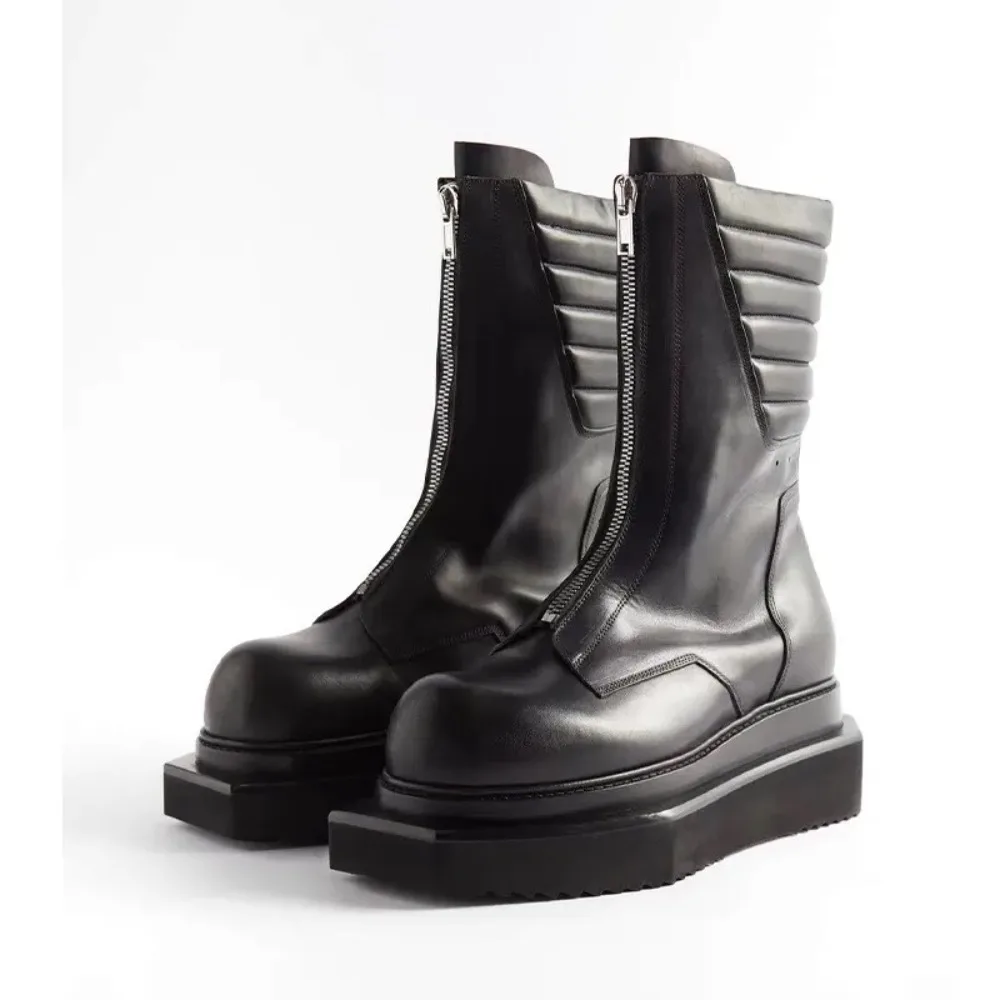 

NIGO Men's Leather Thick Bottom Heightening Mid-calf Rider Boots Ro Style Normcore Zip Trend Warm Biker Boots #NGSH1551