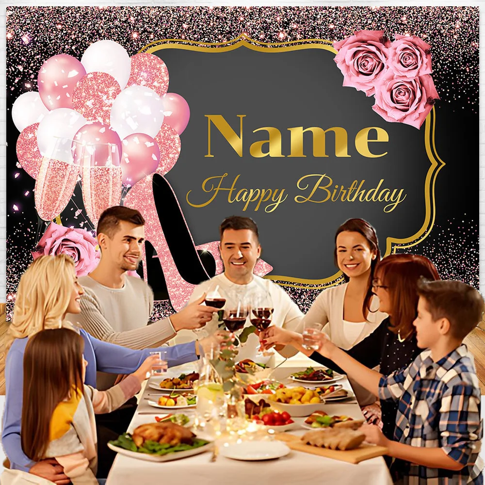 Custom Name Red Pink Rose Flowers Golden Balloons Happy Birthday Heels Champagne Background for Women Party Banner Photo Props