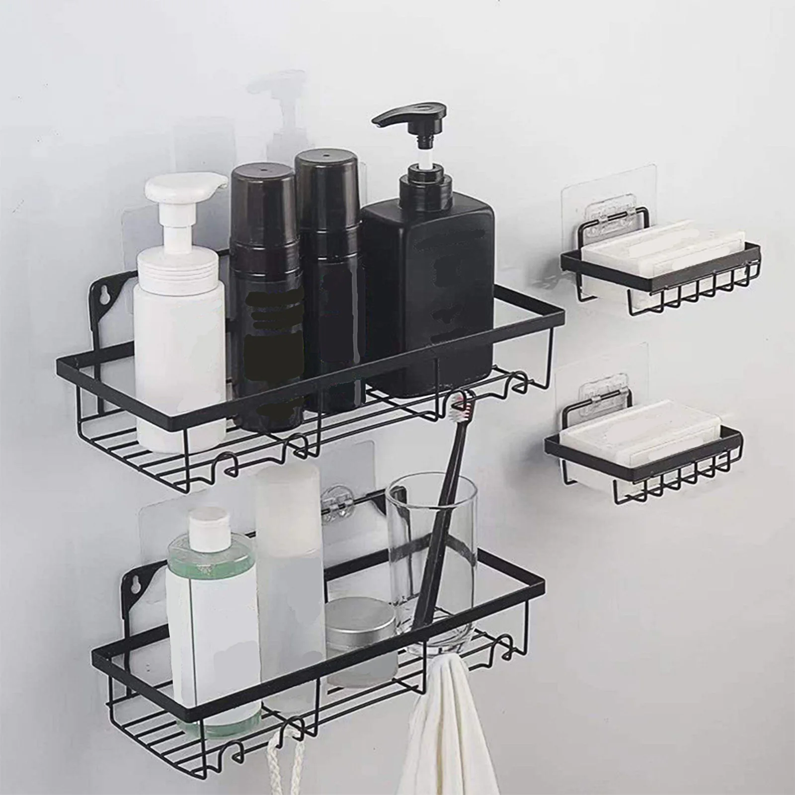 5 Pcs Shower Caddy Set Sturdy Metal Wall Mounted Shower Shelf  No-Drilling Adhesive Bathroom Shower Organizer Multifunctional