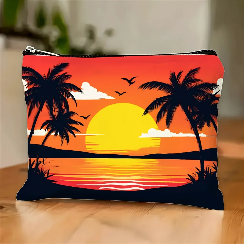 Una bolsa de maquillaje con estampado de palmera de puesta de sol tropical: bolsa multifuncional con cremallera, bolsa para guardar joyas