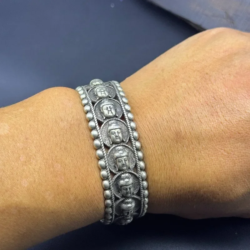 Retro Buddha Head Open Cuff Bracelet, Antique Silver Finish Ethnic Statement Wrist Ornament