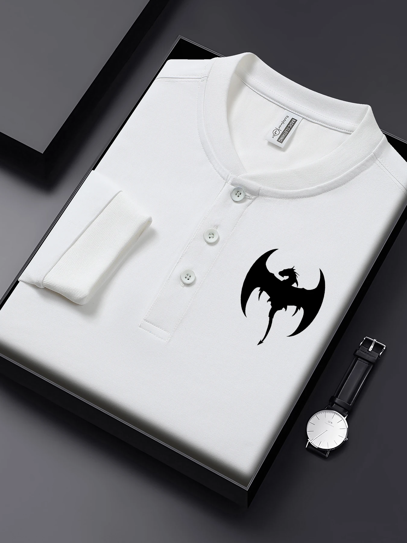 

Мужская хлопковая базовая рубашка с длинным рукавом и узором дракона, универсальная мягкая одежда, осенние спортивные футболки с вырезом Генри