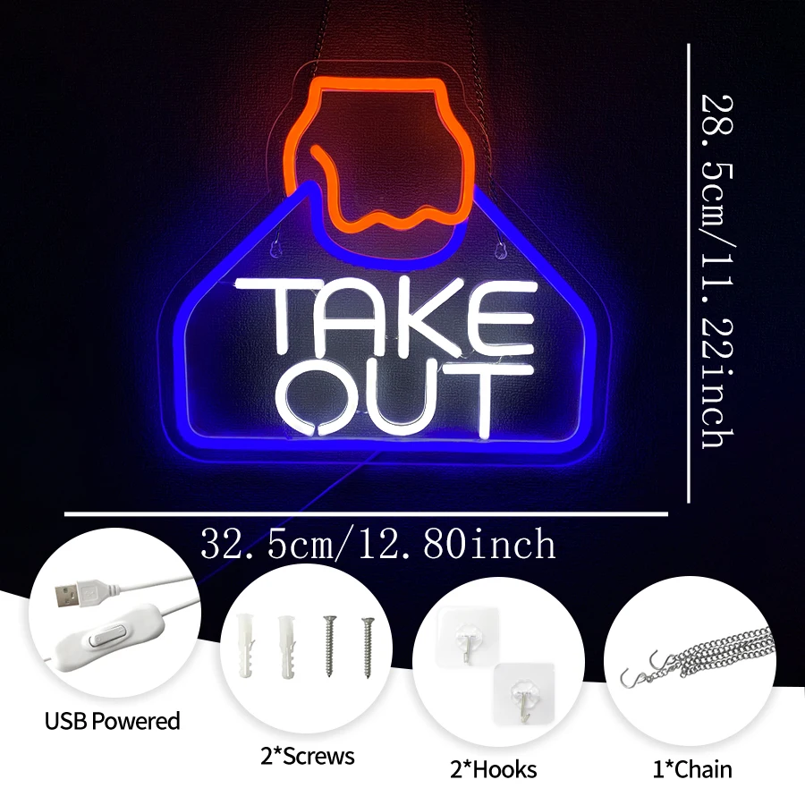 Take Out Neon Sign For Wall Decor,Light Up Sign For Bakery Decor,Restaurant,Convenience Store,Cafe,Bar,Drink Shop,USB Powered