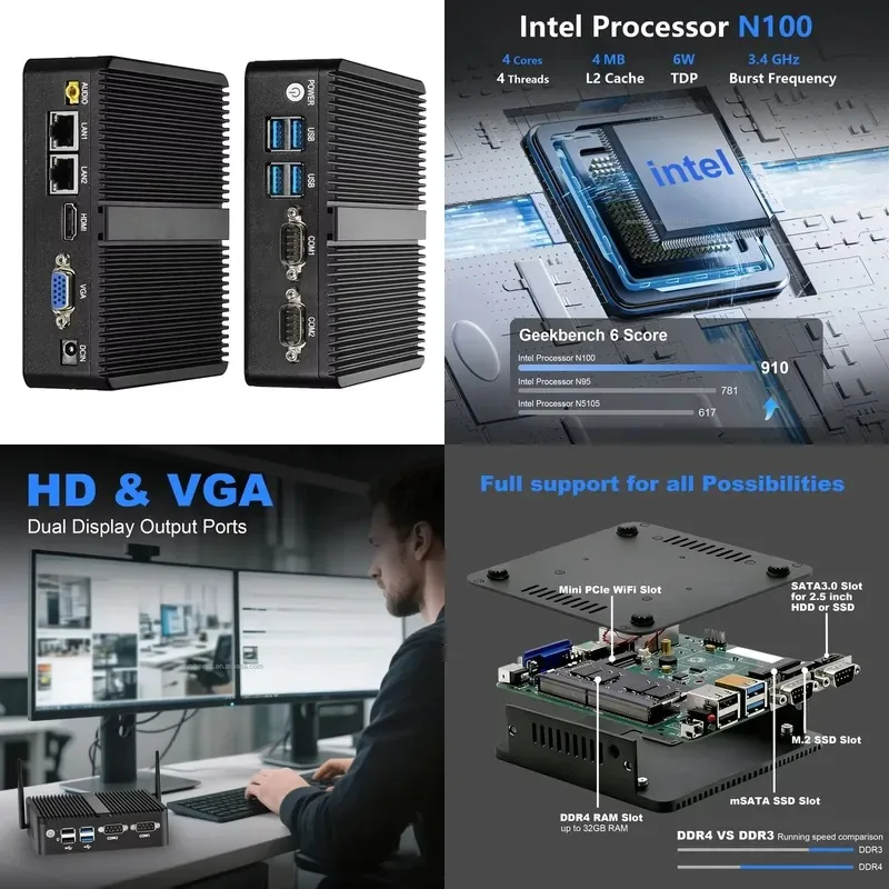 Mini Tree Fanless Industrial Pc N150 Soft Router Celeron J4125 J5005 N4100 2intel Giga LAN Dual RS232 Wireless Network Server