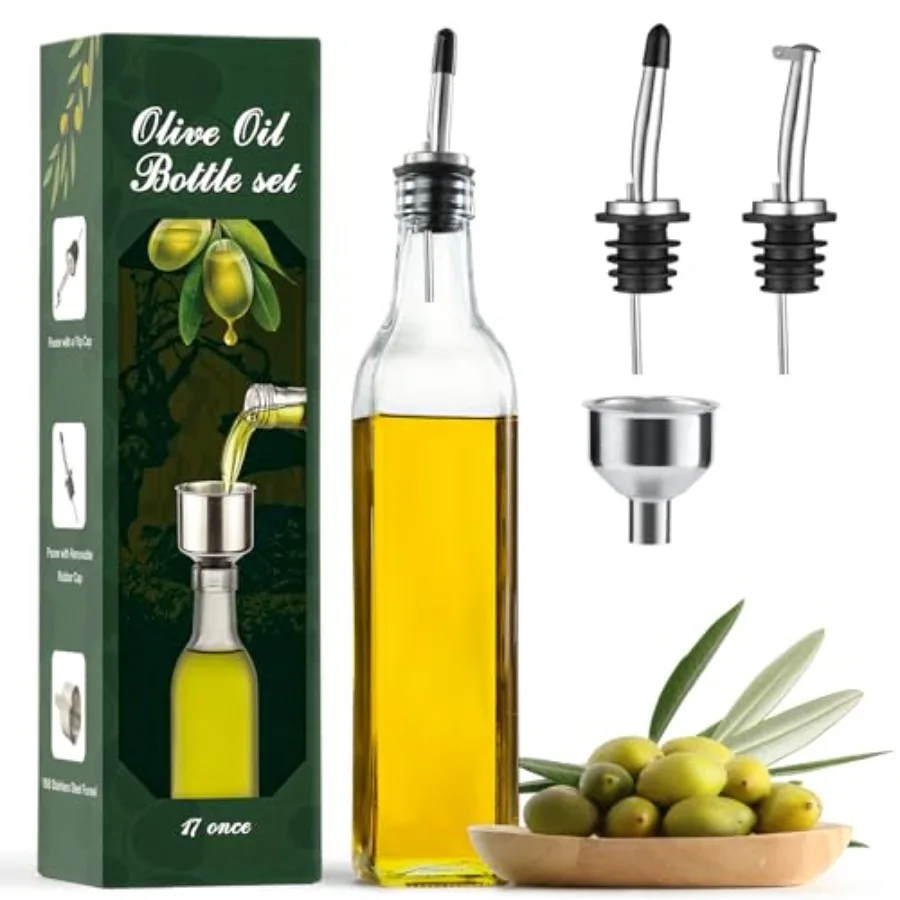 Botella Dispensadora de Aceite de Oliva de Vidrio Transparente de 17 oz - Garrafa de 500 ml para Aceite y Vinagre con Vertedores y Embudo - Decantador de Aceite de Oliva