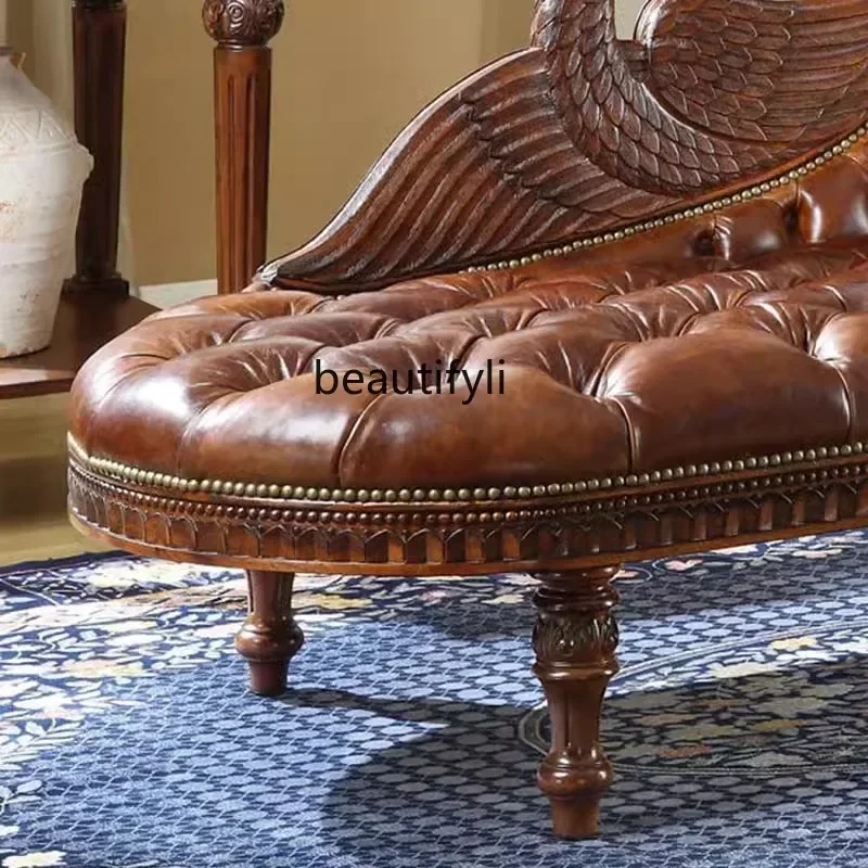 American solid wood chaise longue leather balcony leisure sofa bedroom recliner European chaise longue