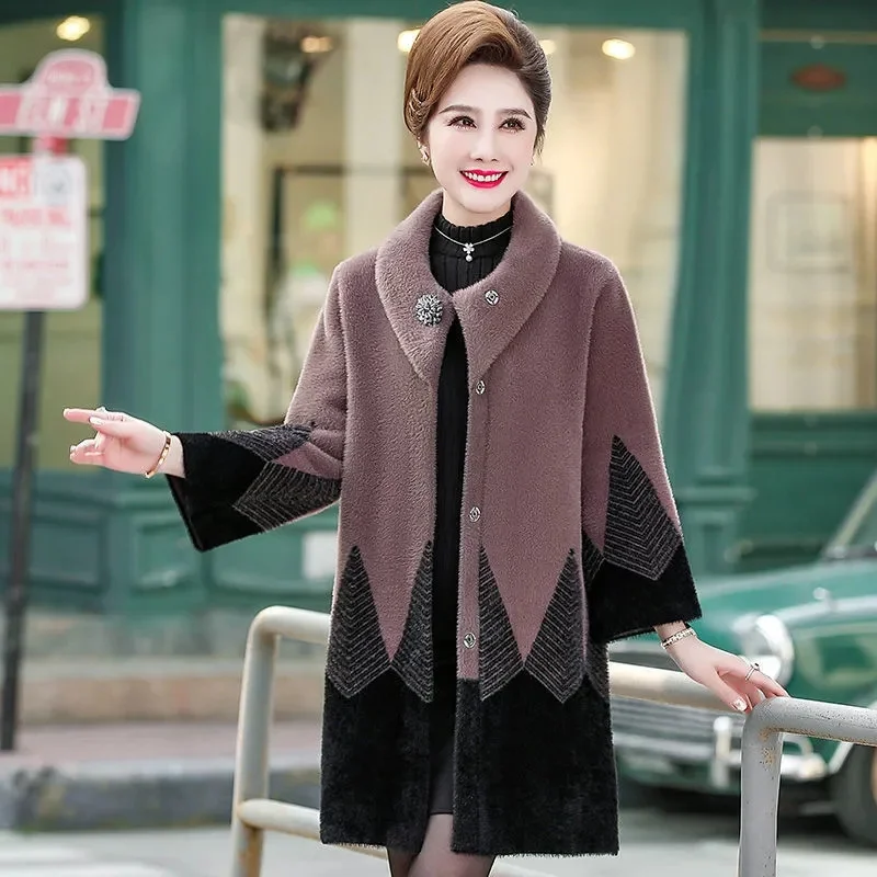 Mom\'s Winter Mink Fleece Coat Mid length Western Style New Middle Old Age 2023 Autumn/Winter lmitation Mink Fleece Coat Commuter